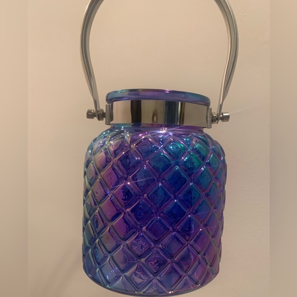 Blue Opalescent Patterned Glass Lantern/Vase W Silver Metal Band & Handle 6.5” - Picture 7 of 13